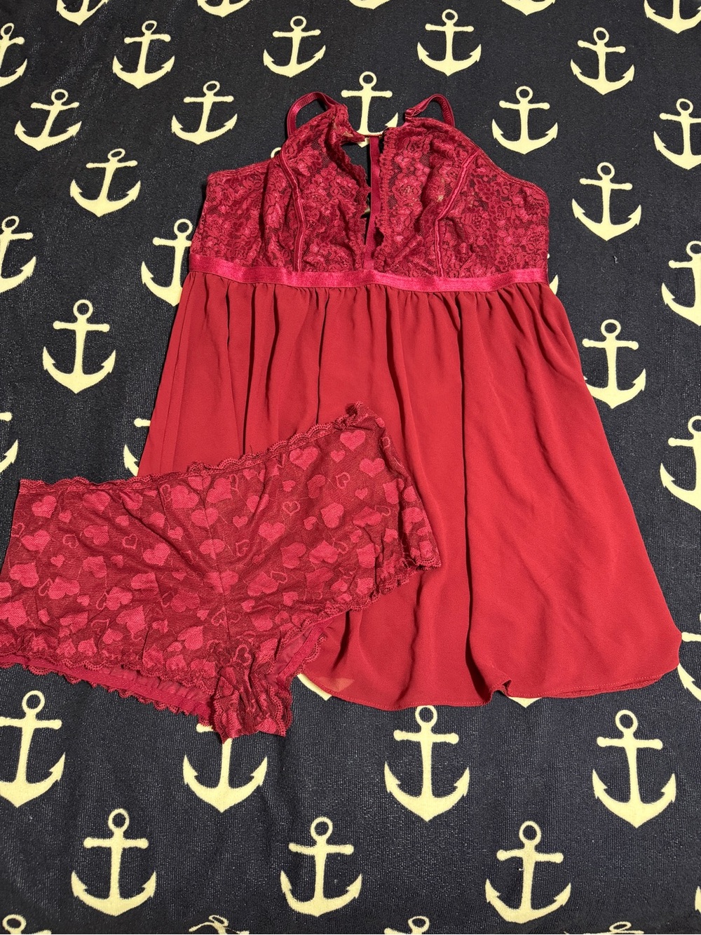 Torrid Lace Babydoll Lingerie Set Size 1 Red Burgundy Sheer Top & Panty Set